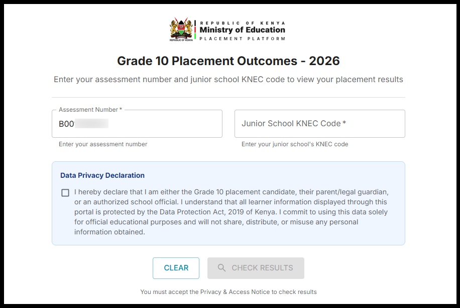 Enter Assessment Number