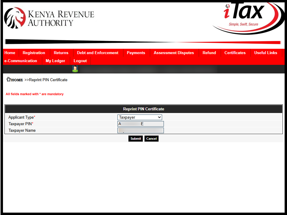 Next, select the applicant type - either Taxpayer or Agent. Since you are downloading your KRA PIN Certificate as a taxpayer, choose Taxpayer and then click the “Submit” button to continue.