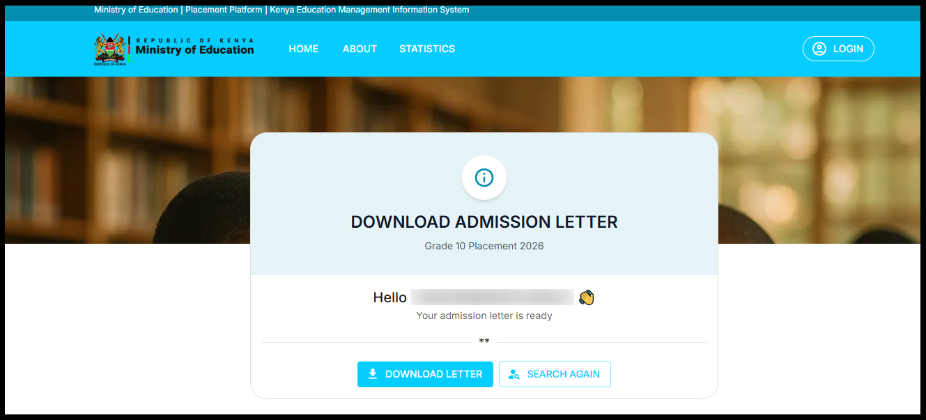 Once the admission letter is displayed, download the document to your device and print a copy. Click on the Download Letter button and this will download the Grade 10 Admission Letter 2026. The printed admission letter is required during school reporting and should be kept safely for future reference.