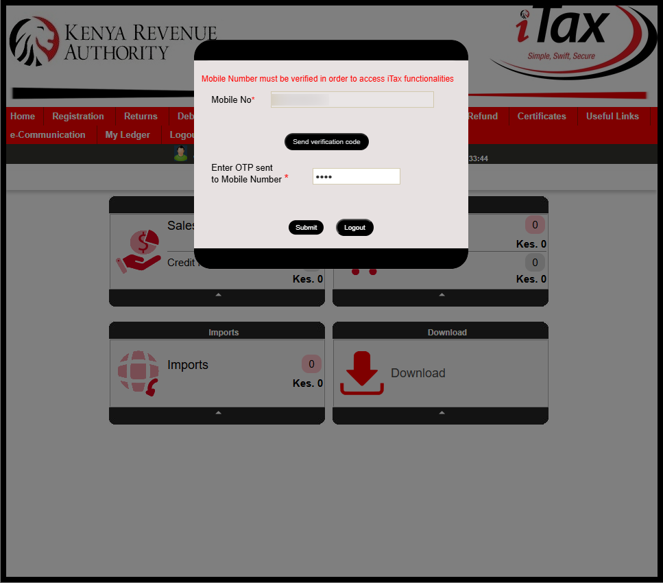 Next, check your phone for an SMS containing the OTP verification code that has been sent by Kenya Revenue Authority (KRA). Enter the OTP verification code and click on the "Submit" button. 