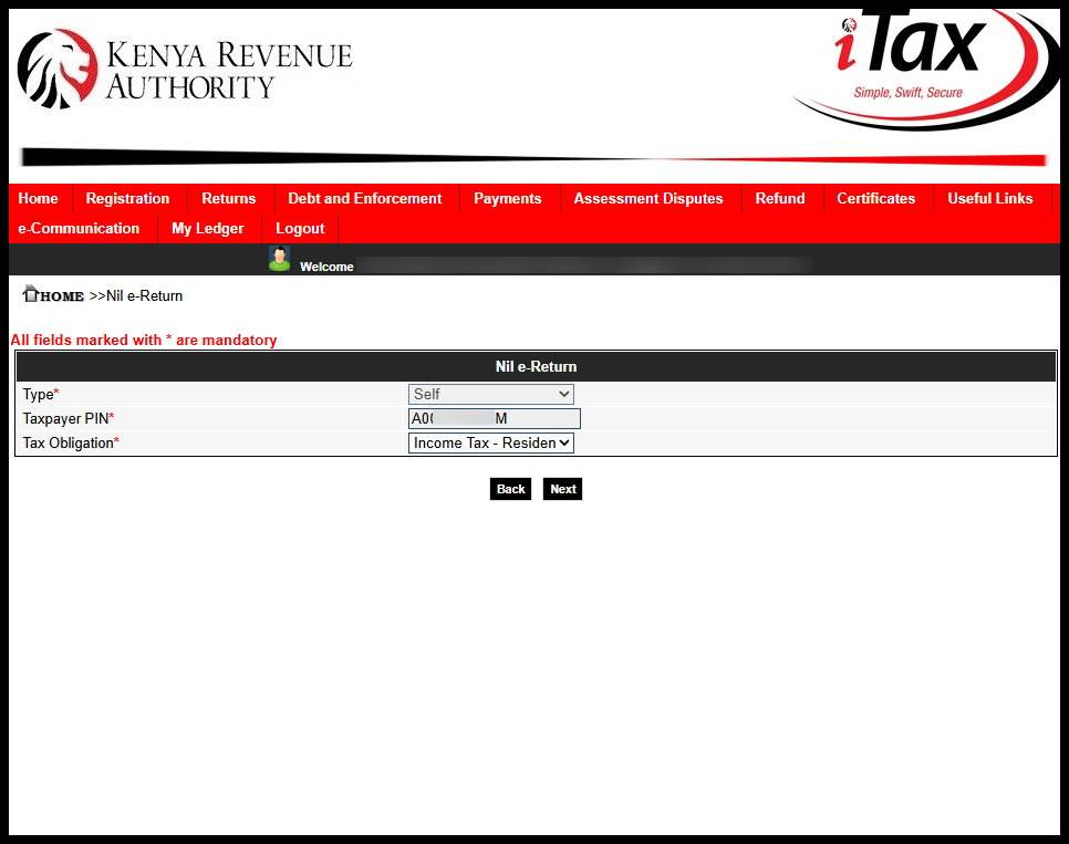 Next, you need to select the KRA Tax Obligation i.e. "Income Tax – Resident Individual" then click the "Next" button to proceed.