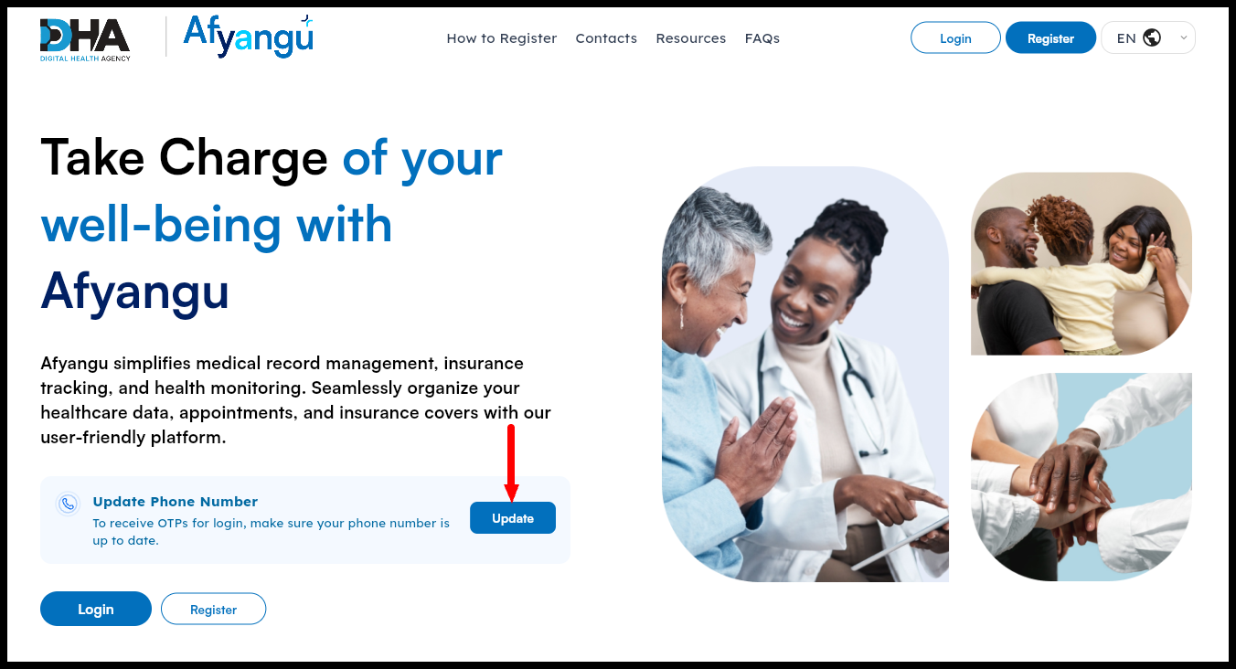 Once you are on Afyayangu.go.ke, click on the "Update" button to begin the process of updating SHA phone number online.