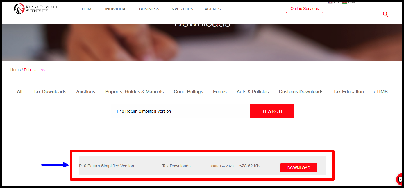 Click on "P10 Return Simplified Version" to download a copy of the same to your device. After download, you can now fill in the required details and upload the same on iTax (KRA Portal). 