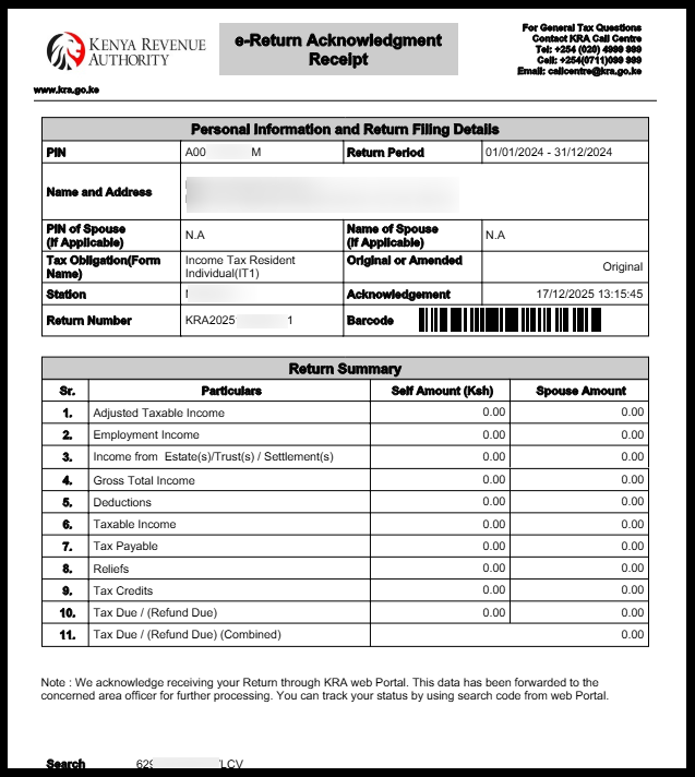 To download the KRA Returns Acknowledgement Receipt (e-Returns Recipt), just click on the "Download KRA Returns Receipt" link to save or print a copy for your records. 