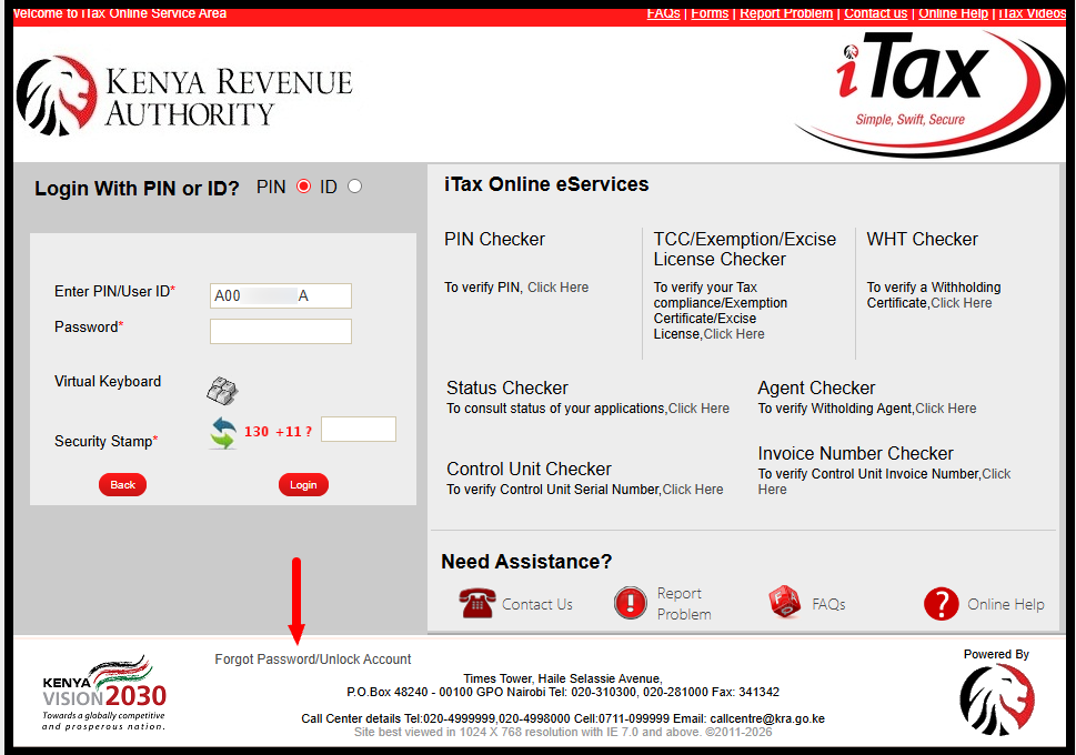 Next, you need to enter your KRA PIN Number or National ID Number, click on the "Continue" and then click on the link labelled "Forgot Password/Unlock Account" to begin the process of iTax Password Reset. 