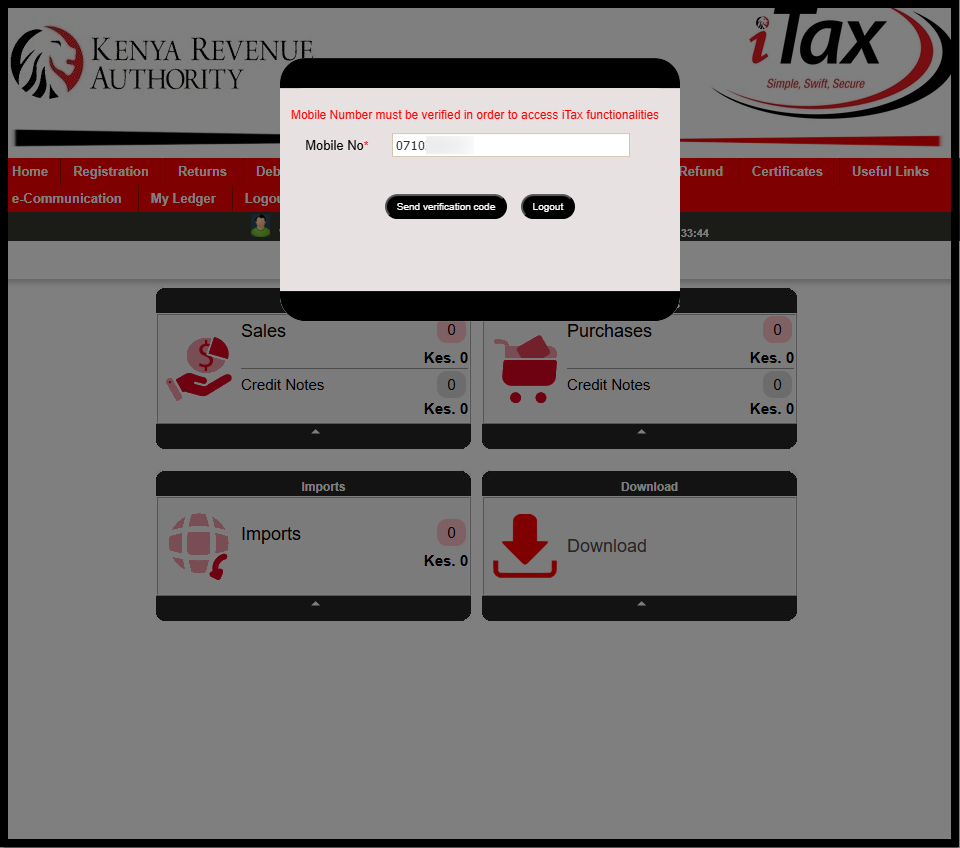 Once logged into iTax, you will see the notification "Mobile Number must be verified in order to access iTax functionalities." At this point, if the mobile number displayed is yours, you can go ahead and click on the "Send Verification Code" button. If you want to add your new mobile number, just delete that mobile number and enter the new one that you want to use on iTax. 