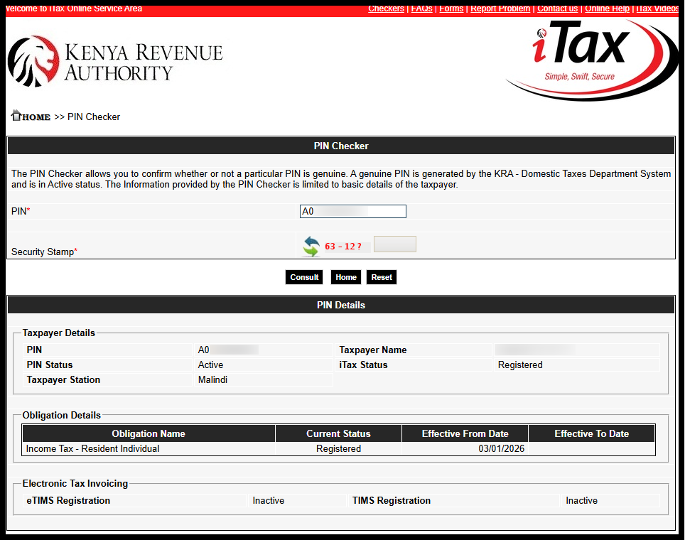 The last and most important step in checking KRA PIN Number using KRA PIN Checker is the resukts of the check i.e. KRA PIN details. This is categorized into 3 sections: Taxpayer Details, Obligation Details and Electronic Tax Invoicing.