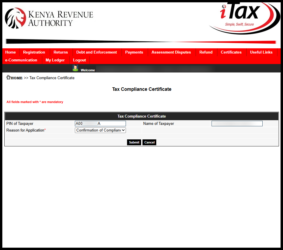 Next, you need to select the reason you are applying for a KRA Tax Compliance Certificate (TCC). The reasons that you can select from includes: job application, government tender, renewal of work permit, clearing and forwading agents, seeking liquor licences, confirmation of compliance status or other regulatory requirements. Once you have selected the reason for Tax Compliance Certificate application, click on the "Submit" button. 