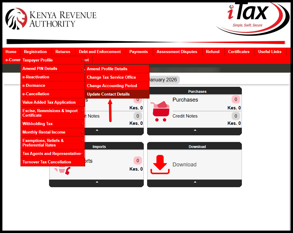 In this step, from your iTax account dashboard, on the top menu, follow this sequence; click on "Registration" menu, then "Amend PIN Details" and finally "Update Contact Details" to start the process of changing and updating your mobile number on iTax. 