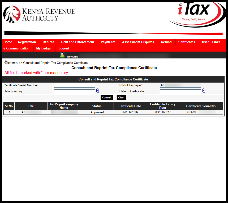 The last step involved the downloading of the Tax Compliance Certificate. To download the same, click on the "Certificate Serial Number" i.e. KRAMDI1**12****6 that will in turn download a copy of the Tax Compliance Certificate to your device.