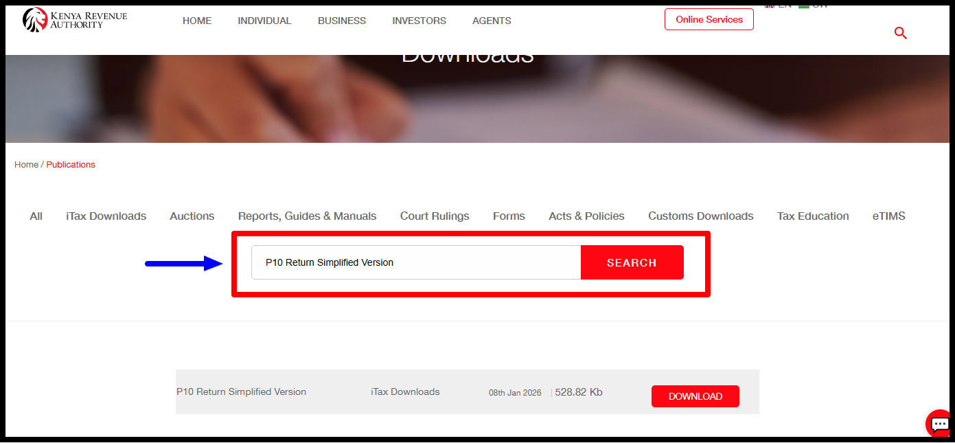 Next, on the Publications page, search for "P10 Return Simplified Version" and click on it. Alternative, under Publications, you will see "P10 Return Simplified Version" as the latest file. 
