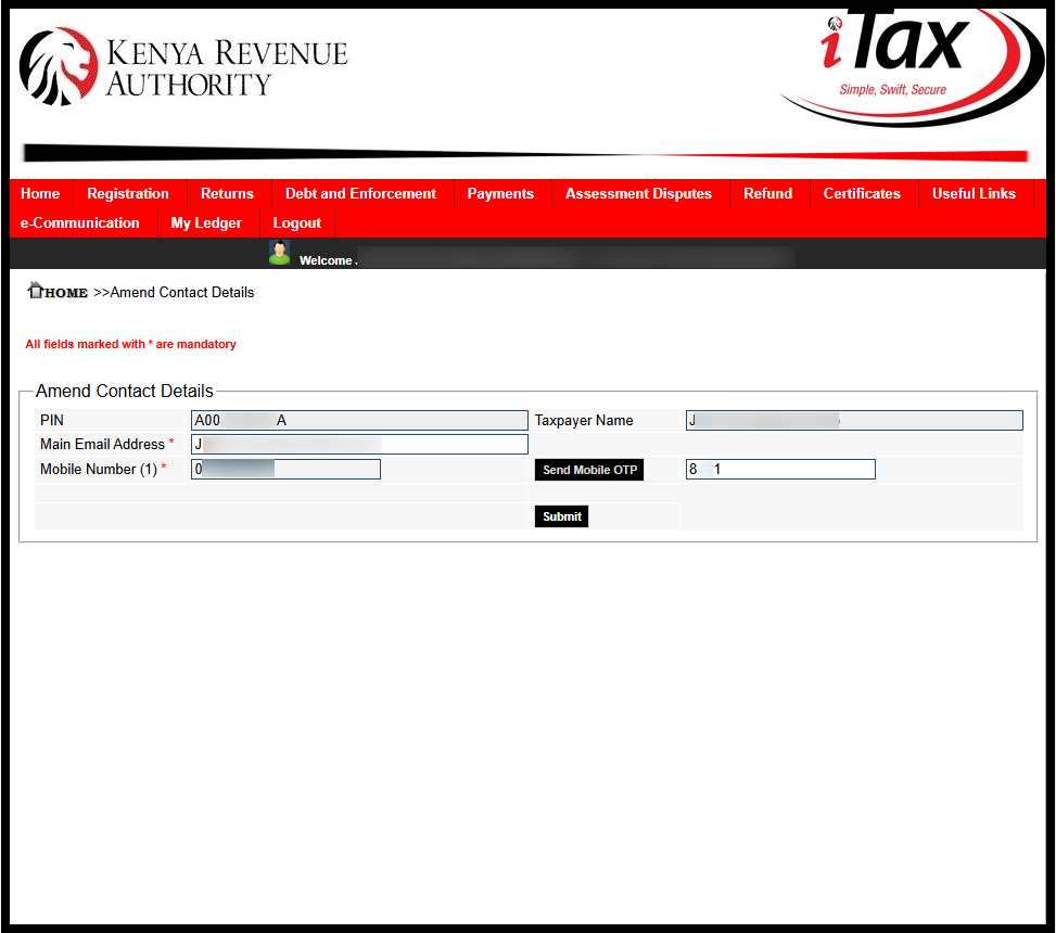 In this step, you need to click on the "Send Mobile OTP" button to receive the OTP verification code from Kenya Revenue Authority (KRA) via SMS.