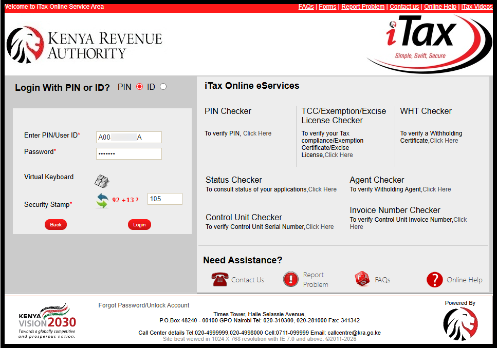 Next, you need to log in to iTax by entering your KRA PIN Number or National ID Number the clicking on “Continue” button, enter iTax Password (KRA Password), solve the arithmetic question (security stamp) and then click on the “Login” button.