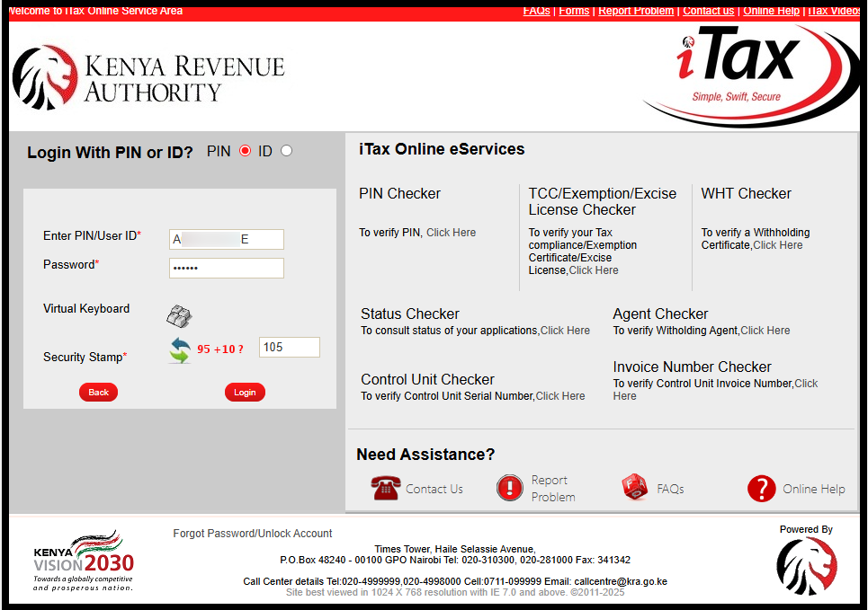 In this step, login to iTax using either your KRA PIN Number or National ID Number, along with your KRA Password (iTax Password). Follow this sequence; Enter KRA PIN Number or National ID Number, click on the "Continue" button, enter iTax Password (KRA Password), solve the arithmetic question (security stamp) and finally click on the "Login" button to access your iTax account dashboard.