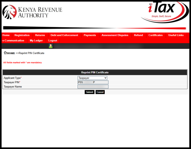 Next, you need to select the applicant type i.e. either “Agent” or “Taxpayer.” Since you are downloading your Company KRA PIN Certificate as a taxpayer, choose “Taxpayer” as the applicant type. Once selected, click the “Submit” button to proceed.