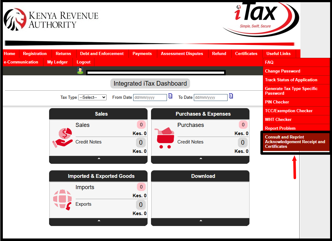 Once you are logged into iTax, on the right hand side - click on "Useful Links" then click on "Consult and Reprint Acknowledgement Receipt and Certificate" from the drop-down menu list.
