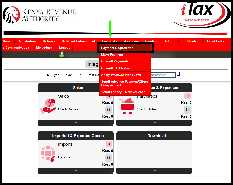 Once you are logged into iTax account, on the top menu, click on "Payments" then from the drop down menu list click on "Payment Registration" to start the process of generating KRA Payment Slip.