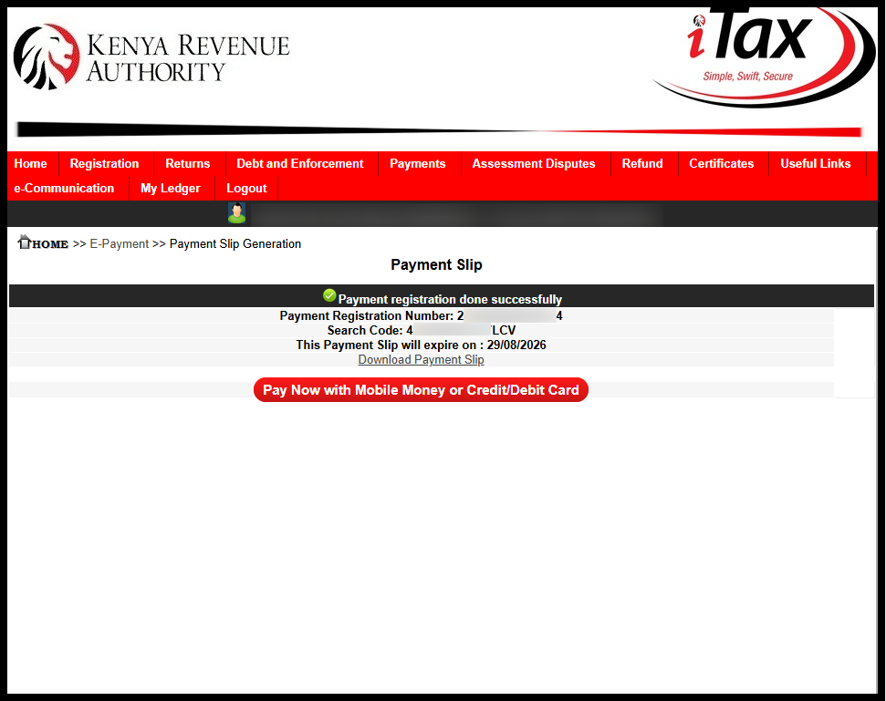The last step involves downloading the generated KRA Payment Slip on iTax. To download the Payment Slip, just click on the link labeled - "Download Payment Slip" to download a PDF version of the KRA Payment Slip on iTax.
