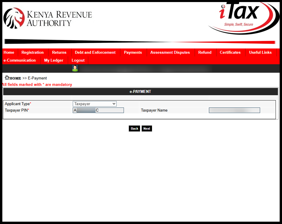 In this step, everything is pre-filled for you and what you need to do is confirm the: "Applicant Tye - Taxpayer", "KRA PIN Number" and "Taxpayer Name". Once you have done that, just click on the "Next" button to proceed to the next step.