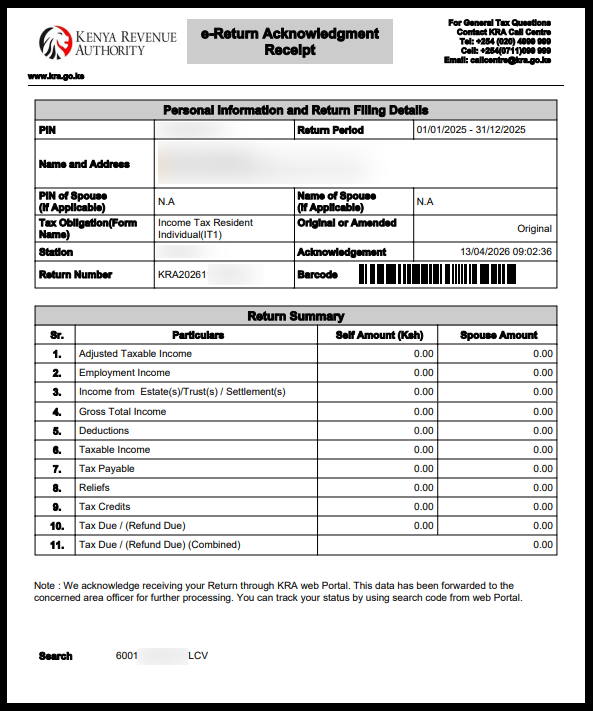 kra returns receipt