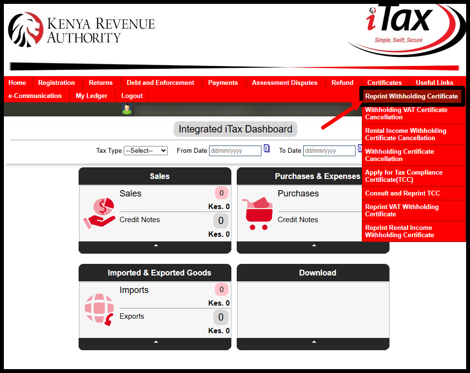 reprint kra withholding certificate