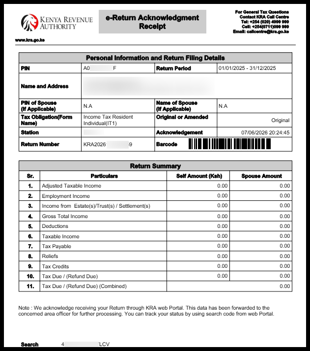 Check your SMS for the confirmation of successful KRA Nil Returns filing using WhatsApp. You will also receive the KRA e-Return Acknowledgement Receipt (KRA Returns Receipt) via Email Address.