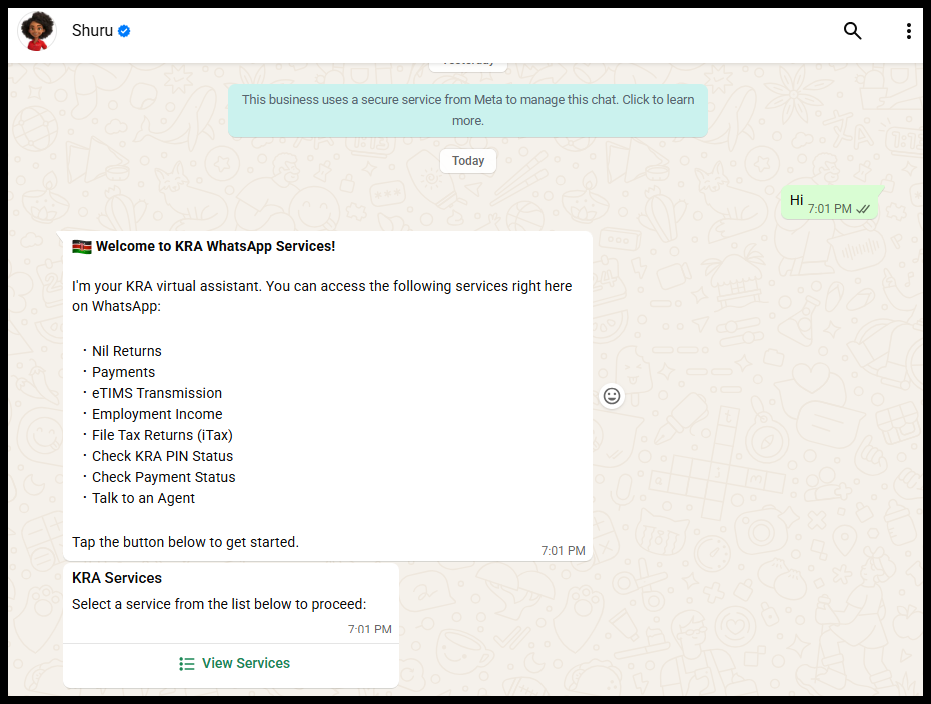 The first step in the process of filing KRA Nil Returns using WhatsApp is to save the KRA Number 0711 099 999 and say "Hi" to start the chat with KRA Shuru WhatsApp AI Bot.