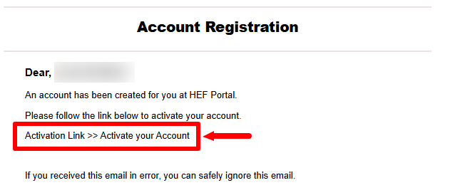HEF Portal Email Activation link