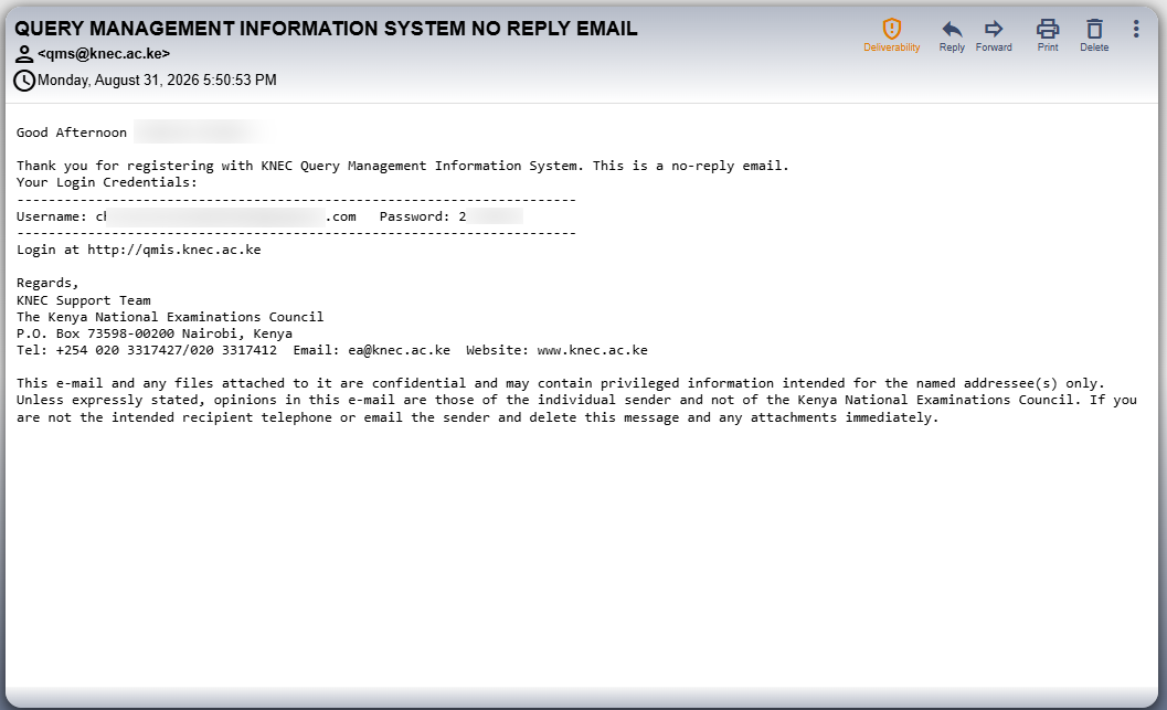 KNEC QMIS Portal Registration Successful