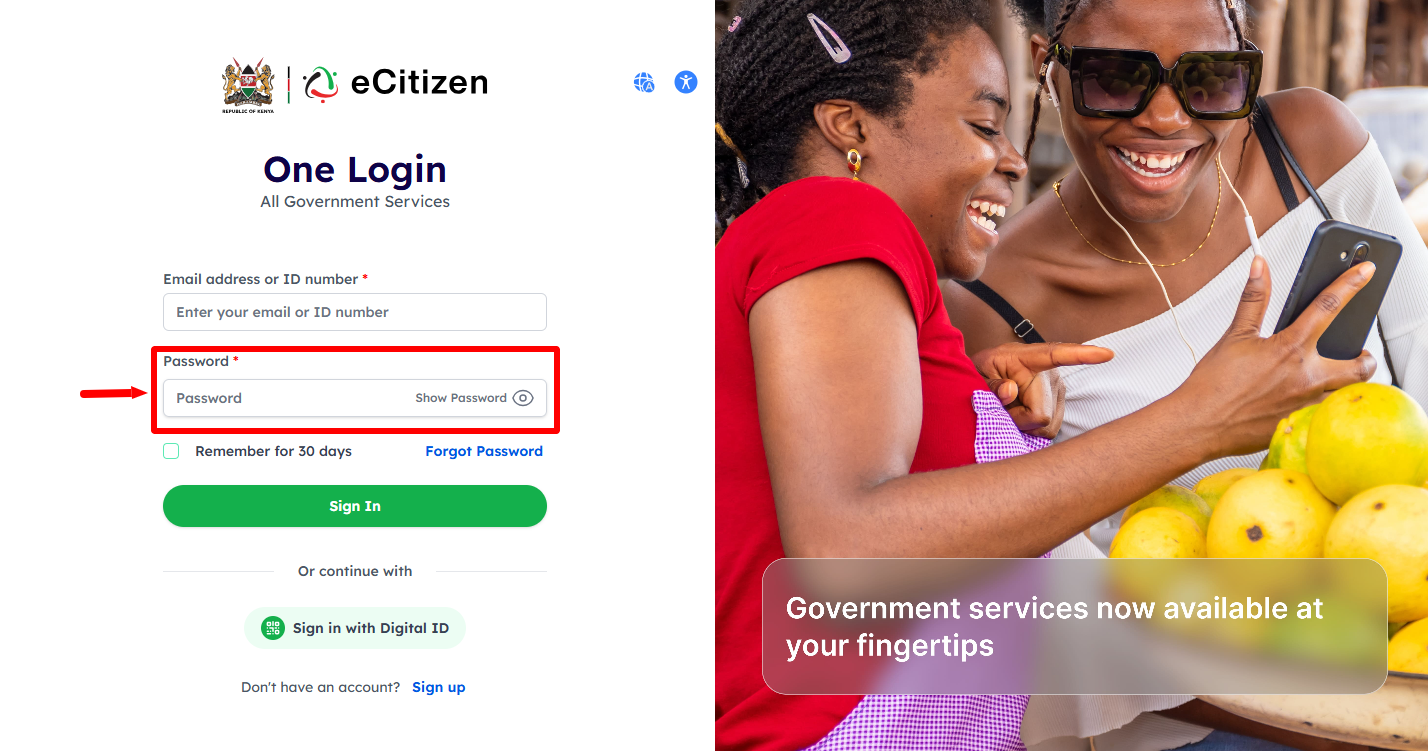 enter ecitizen account password