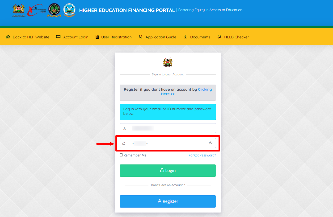 enter hef account password