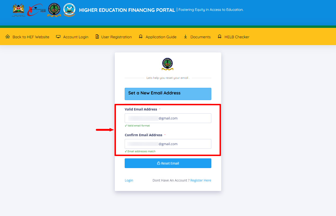 set new hef portal email address