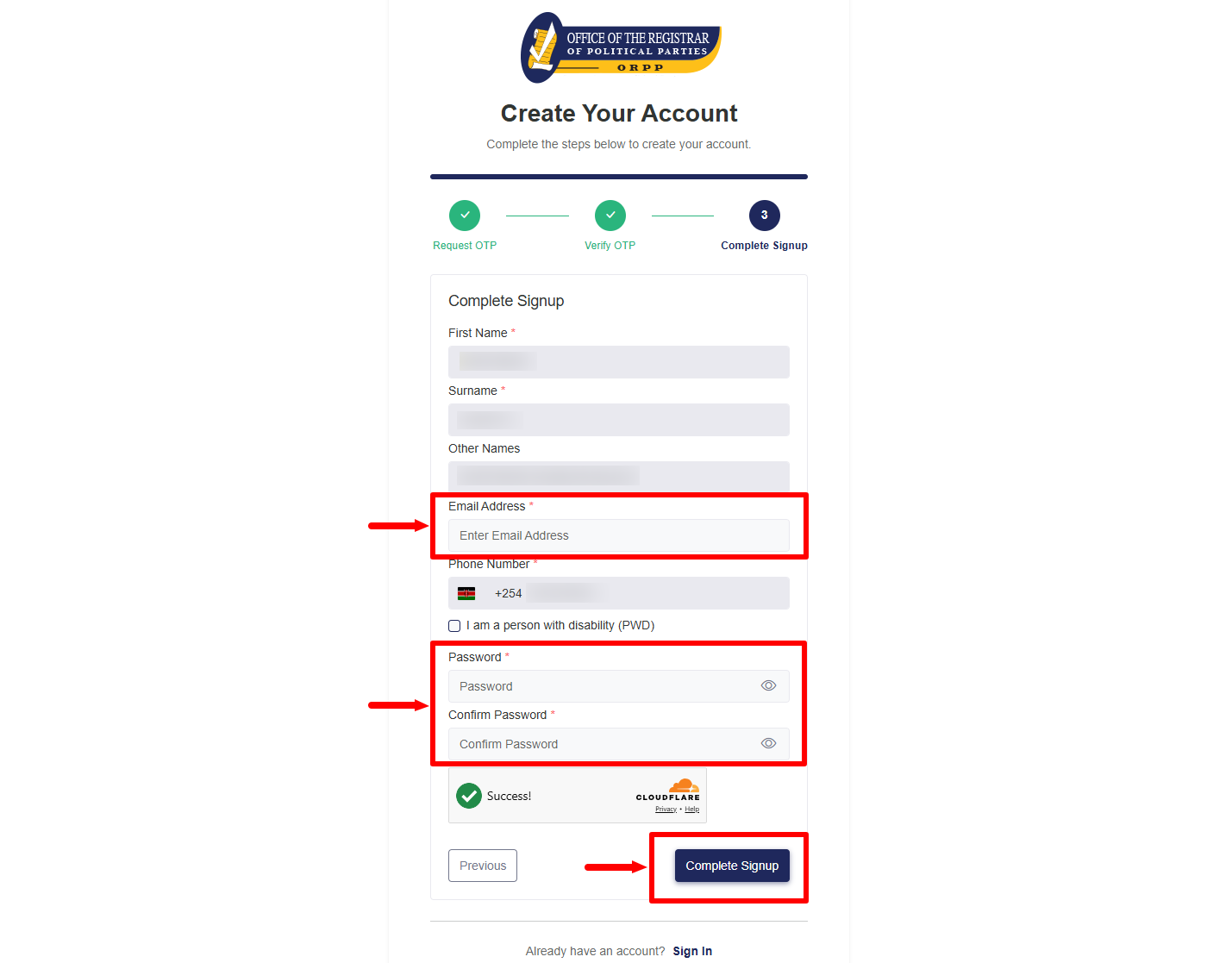 click complete sign up