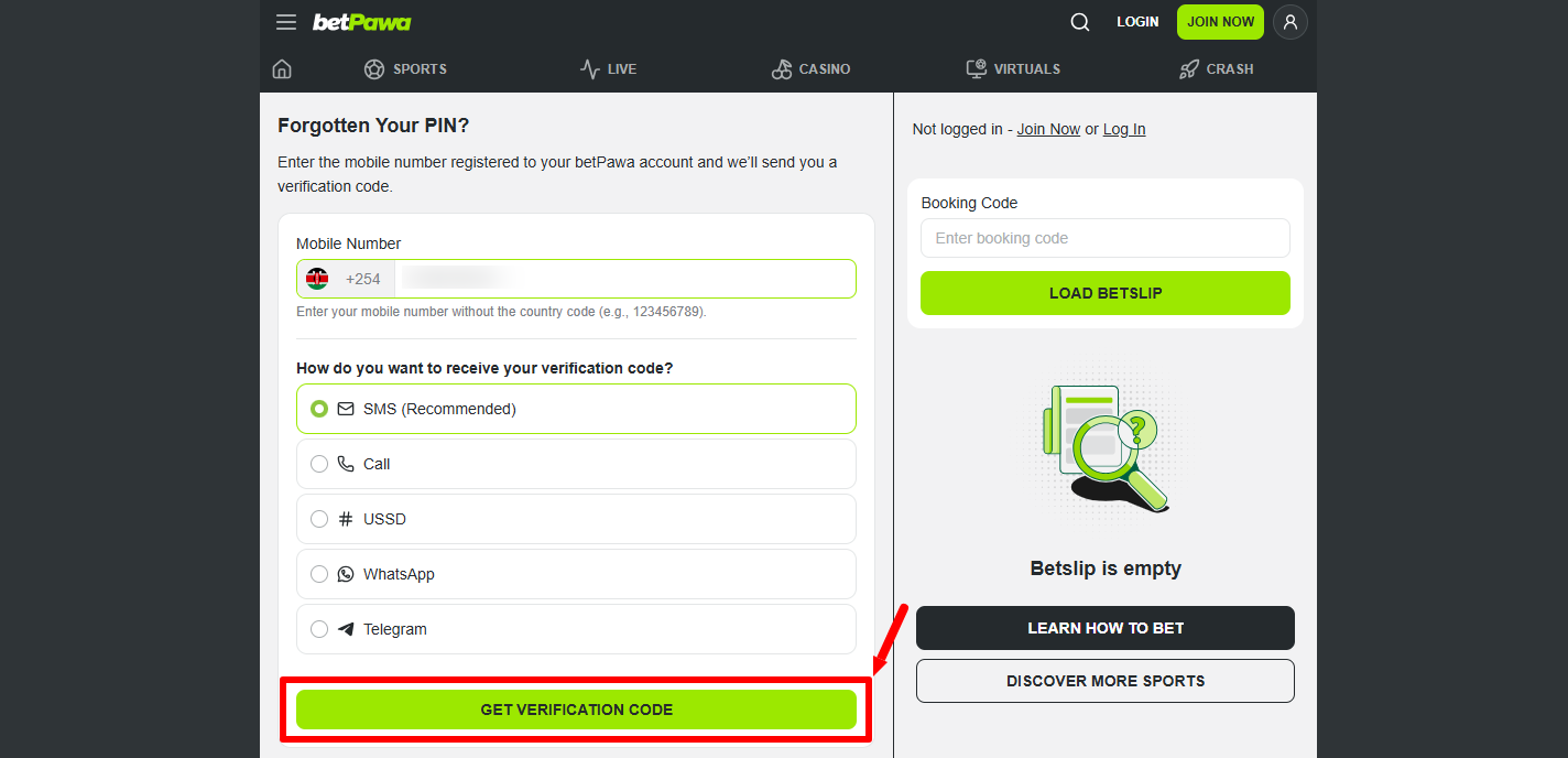click get betpawa verification code