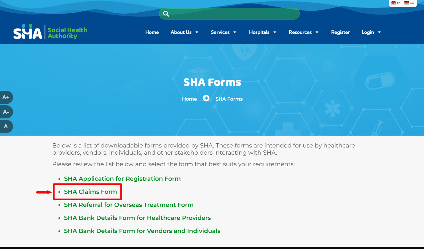 click on sha claims form