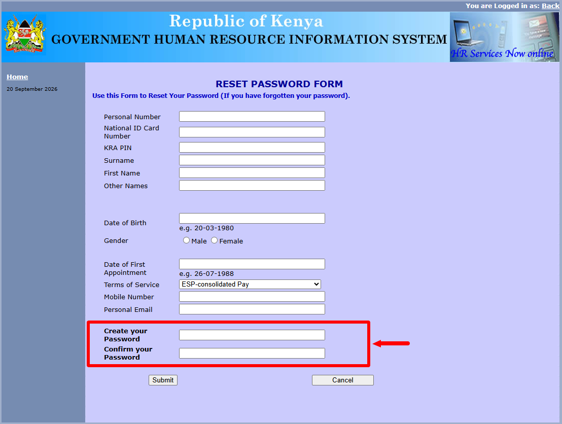 create and confirm new ghris password