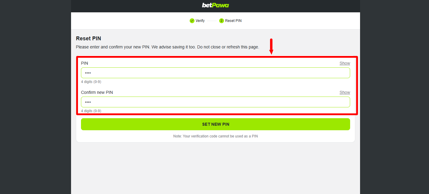 enter and confirm new betpawa pin