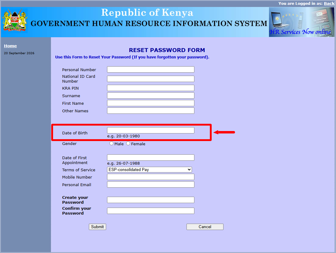 enter date of birth