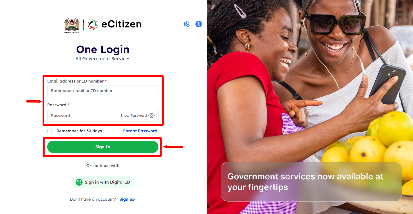 enter ecitizen login details