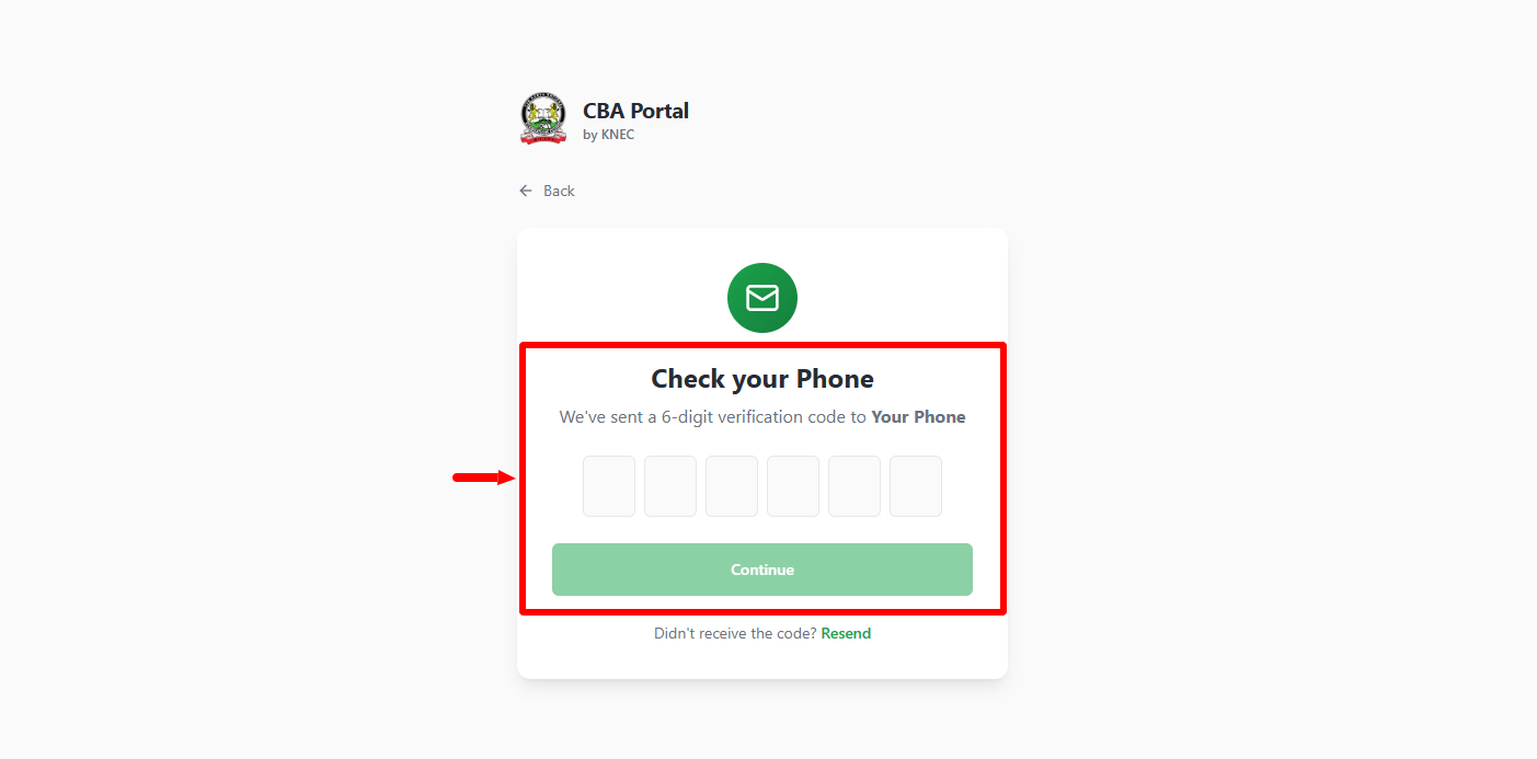 enter knec cba portal otp verification code