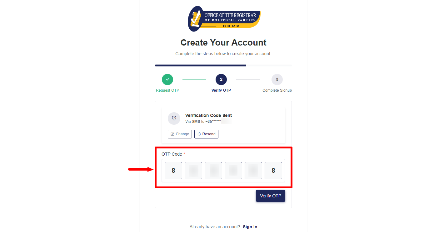 enter otp verification code
