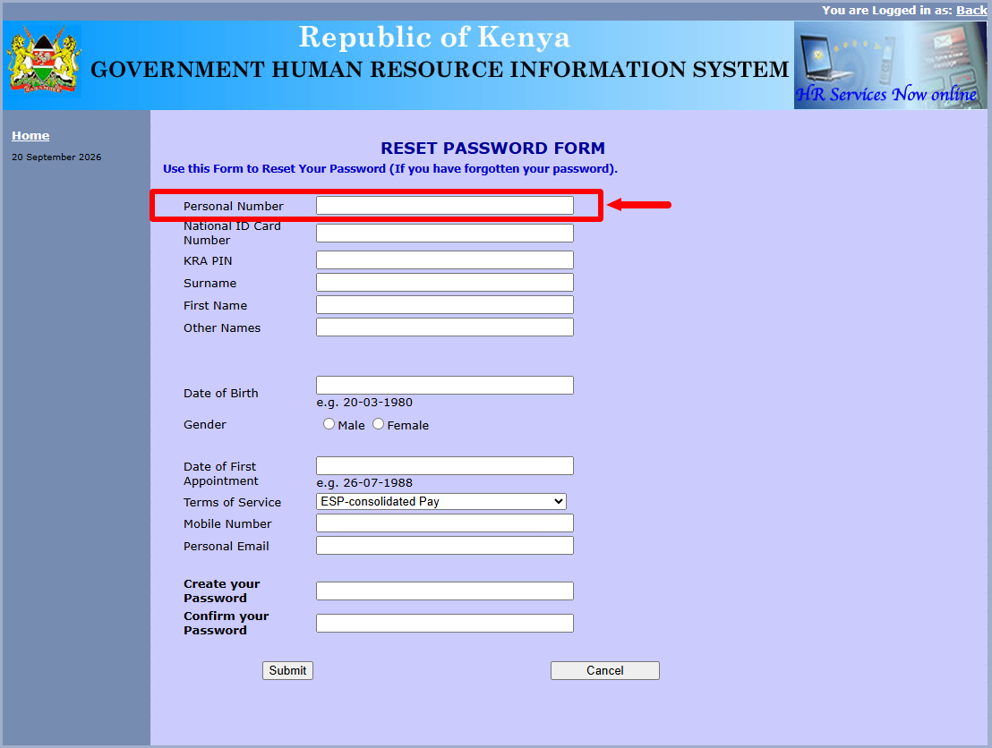 enter personal number