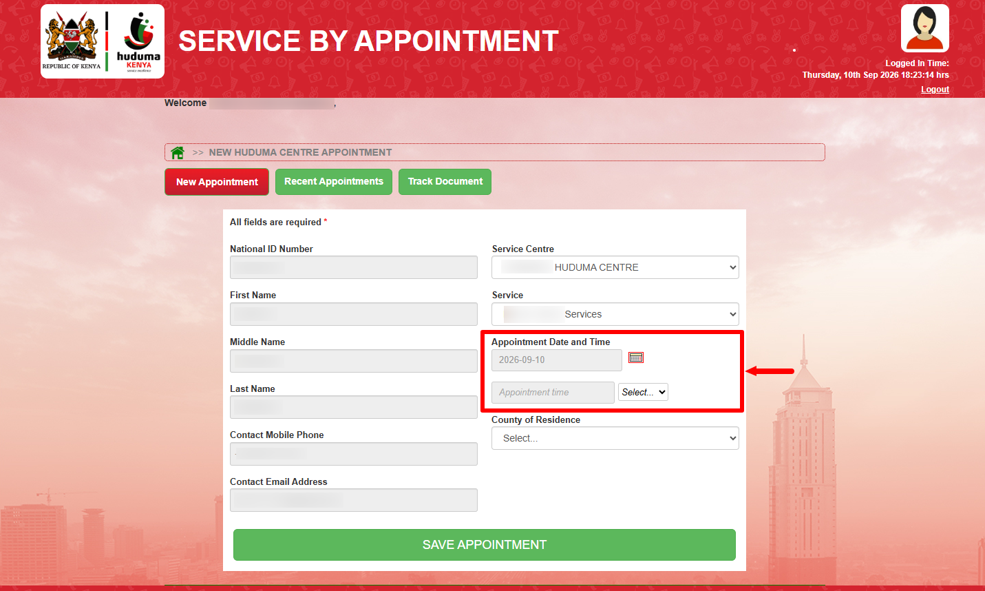select appointment date and time